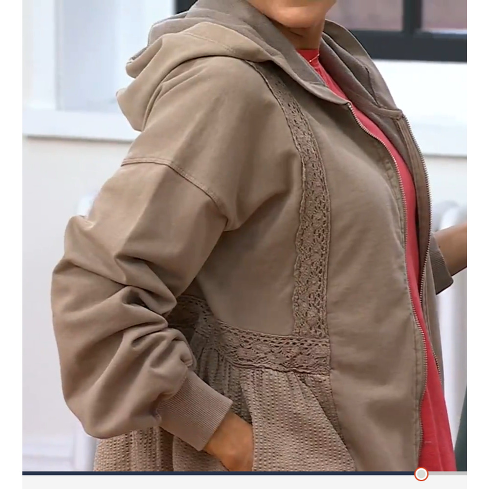 LOGO Lavish by Lori Goldstein Zip Front Lace Trim Jacket Fossil Tan S A703110